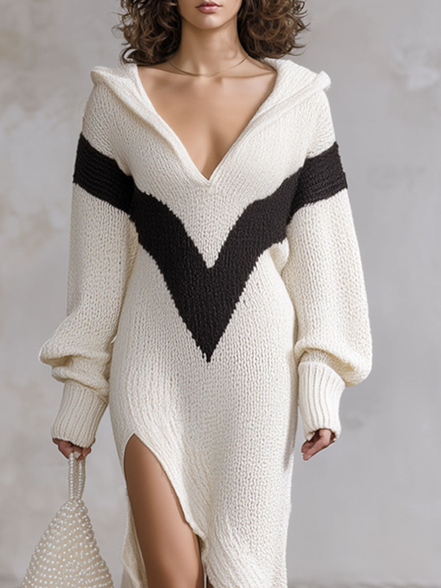Loose Hooded High-slit Contrasting Knit Maxi Dress