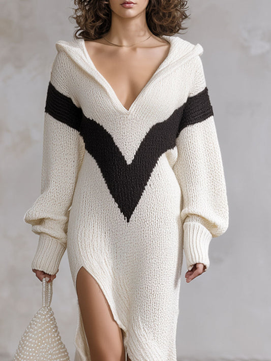 Loose Hooded High-slit Contrasting Knit Maxi Dress