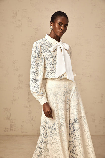 Vanessa white guipure-lace shirt & trousers matching set