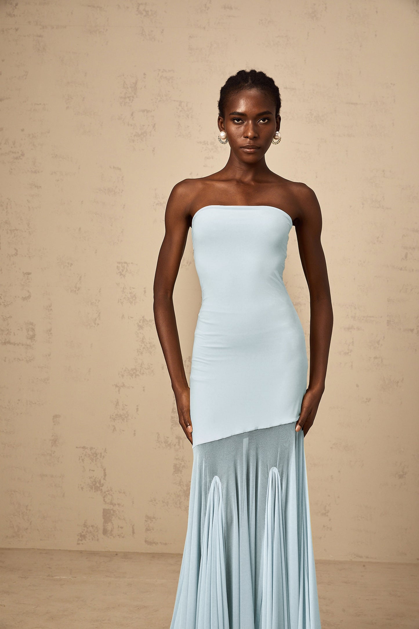 Josiane Blue Off-shoulder Sheer Tulle Maxi Dress