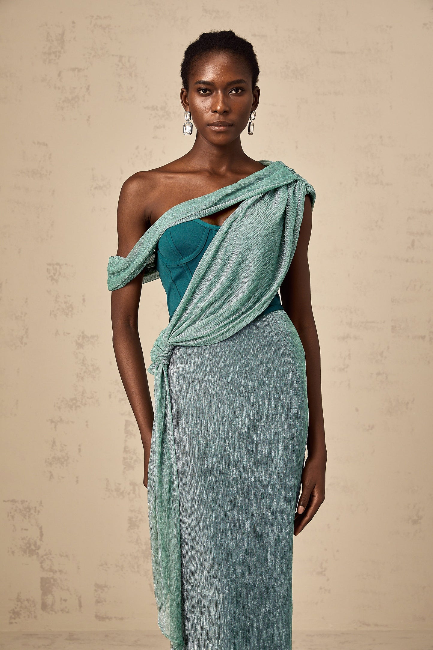 Delphine green ribbon-design corset maxi dress