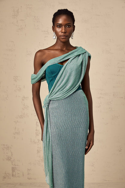 Delphine green ribbon-design corset maxi dress