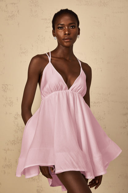 Quincie Pink Shirred Flounced Mini Dress