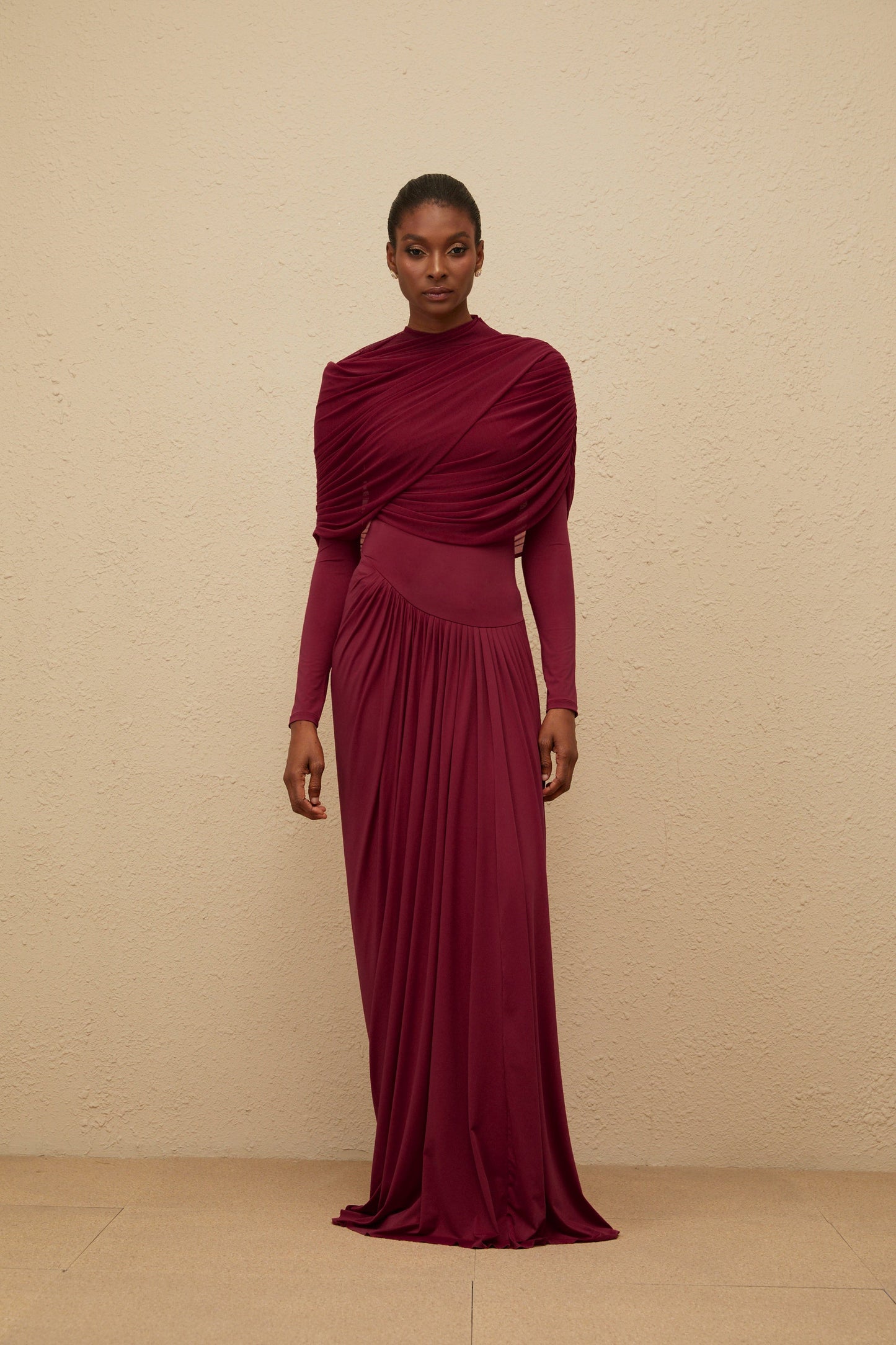 Catherine Red Asymmetrical Pleated Long-Sleeve Maxi Dress
