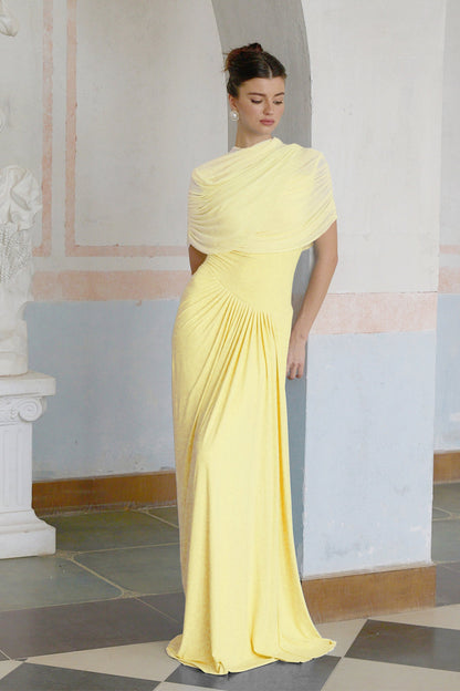 Catherine asymmetrical pleated maxi dress in Yellow