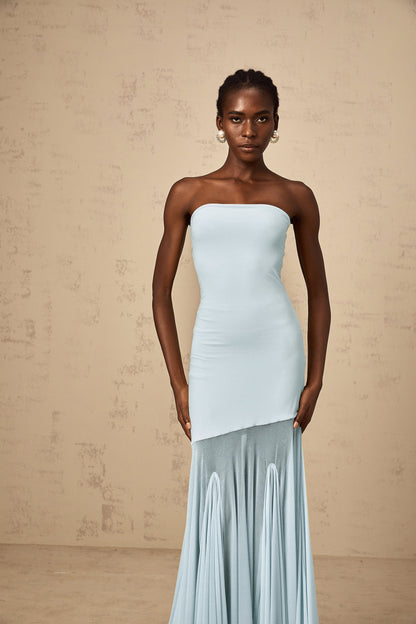 Josiane Blue Off-shoulder Sheer Tulle Maxi Dress