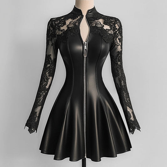 Ursime PU Leather Lace Long Sleeve Zipper Mini Dress