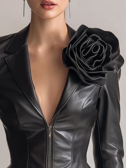 Vintage Lapel 3D Flower Embellished Leather Blazer