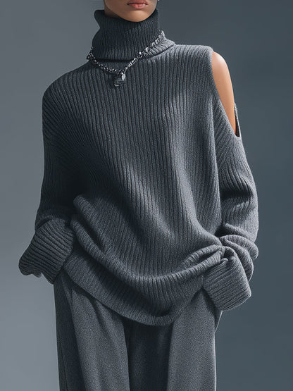 Old Money Style Off-the-shoulder Turtleneck Sweater Wide-leg Pants Dark Gray Knitted Set