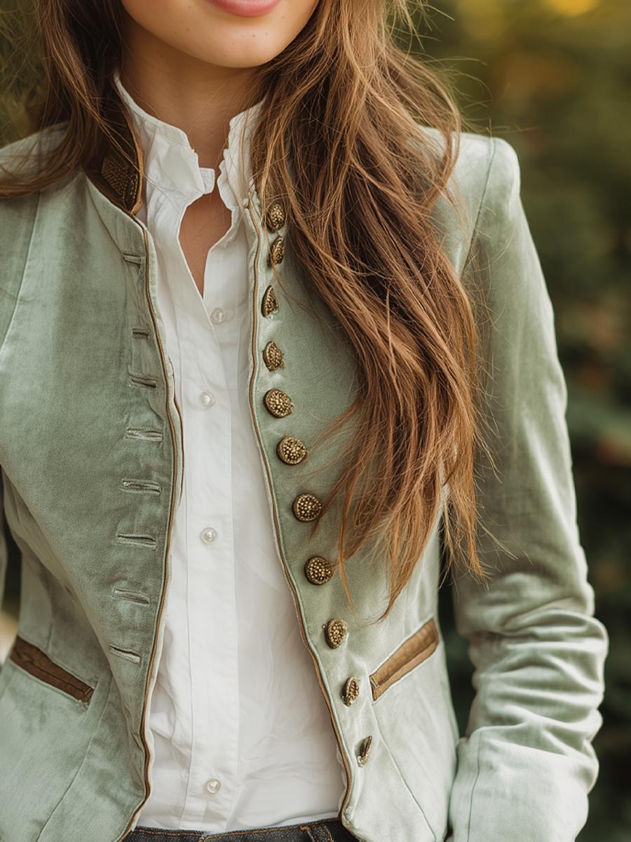 Vintage Stand-up Collar Contrast Trim Velvet Jacket