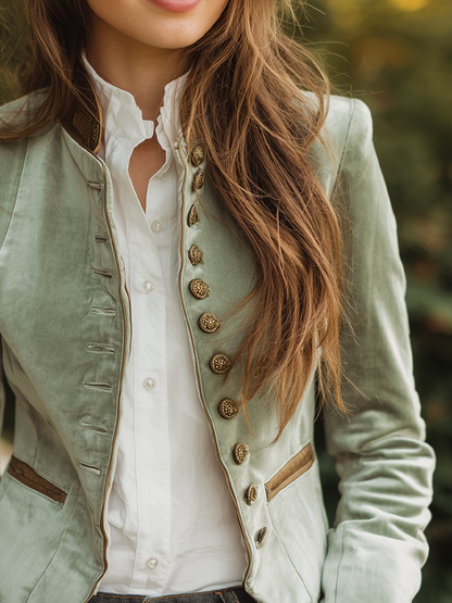 Vintage Stand-up Collar Contrast Trim Velvet Jacket