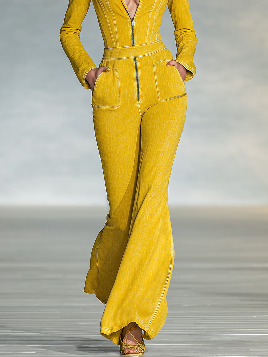 Fashionable And Elegant Zipper Yellow Long-sleeved Flared Jumpsuit
