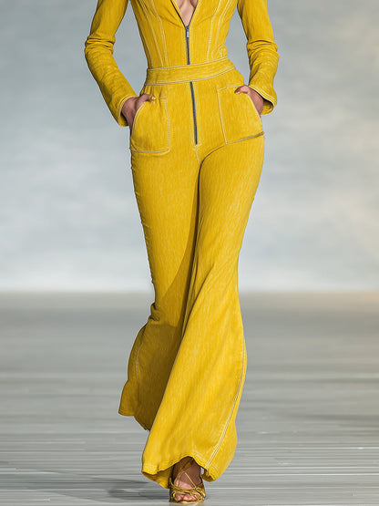 Fashionable And Elegant Zipper Yellow Long-sleeved Flared Jumpsuit