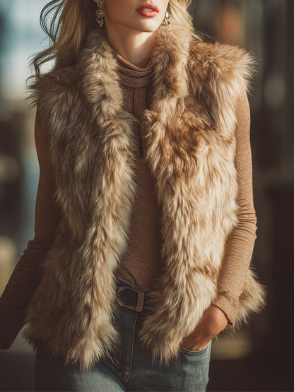 Vintage Western Light Brown Stand Collar Faux Fur Vest