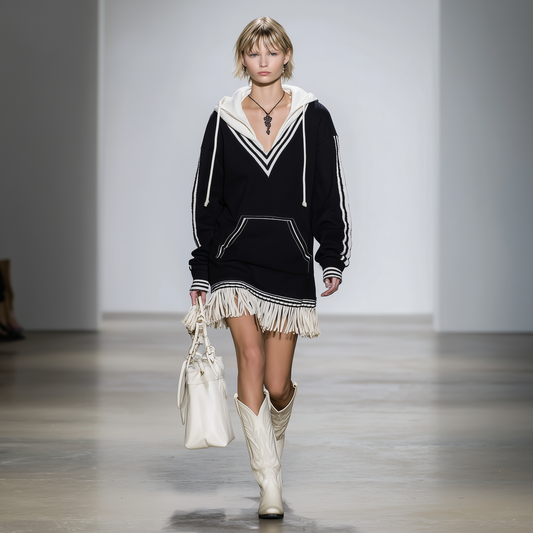 Black Splicing White Hooded Tassel Sweatshirt Mini Dress