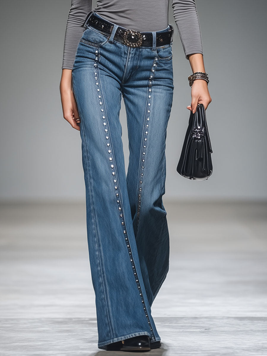 Western Style Vintage Rivet Flared Jeans