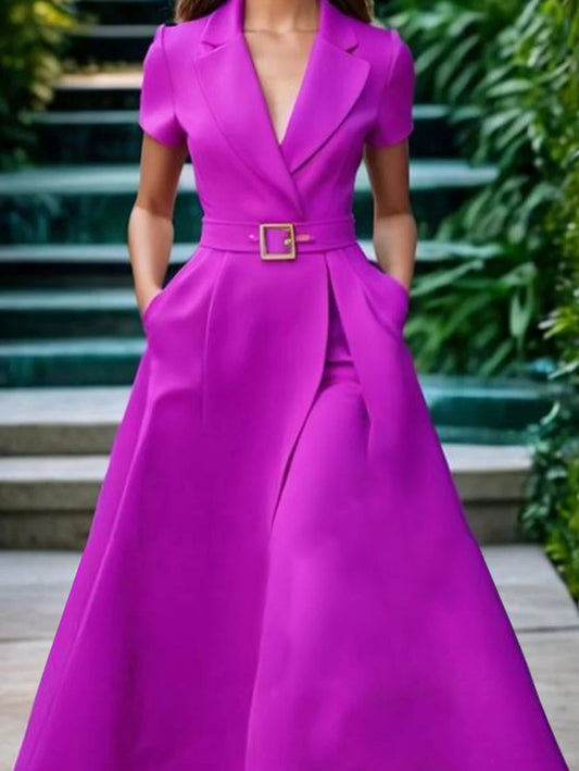 Ursime Elegant Lapel Collar Belt Pocket Short Sleeve Midi Dress