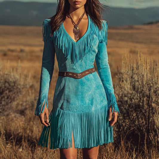 Ursime Western Suede Fringe V Neck Long Sleeve Mini Dress