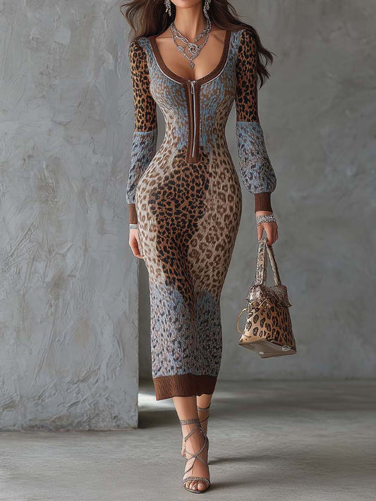 Vintage-Inspired Leopard Print Knitted Bodycon Midi Dress