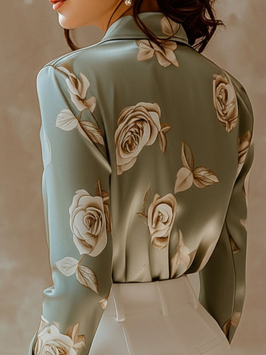 (ship in 24hrs)Elegant Lapel Rose Pattern Side Button Down Satin Shirt