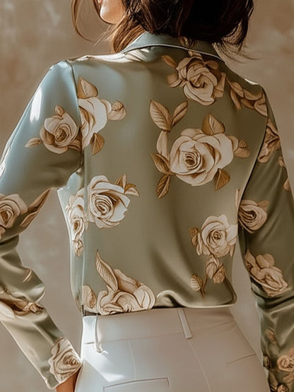 (ship in 24hrs)Elegant Lapel Rose Pattern Side Button Down Satin Shirt