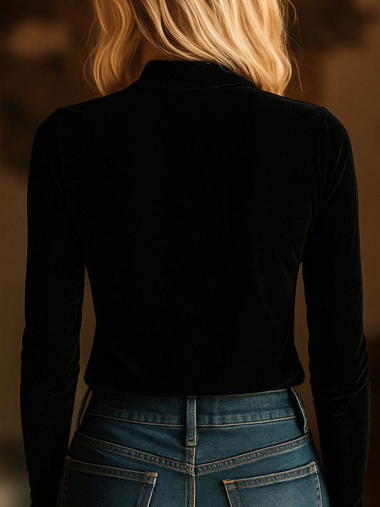 (sale)Elegant V-neck Embroidery Velvet Long Sleeves Top