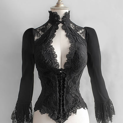 Ursime Lace See-Through Stand Collar Cut Out Flare Sleeve Blouse