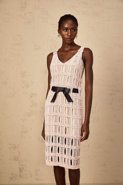 Elodie pink bowknot crochet-knit midi dress