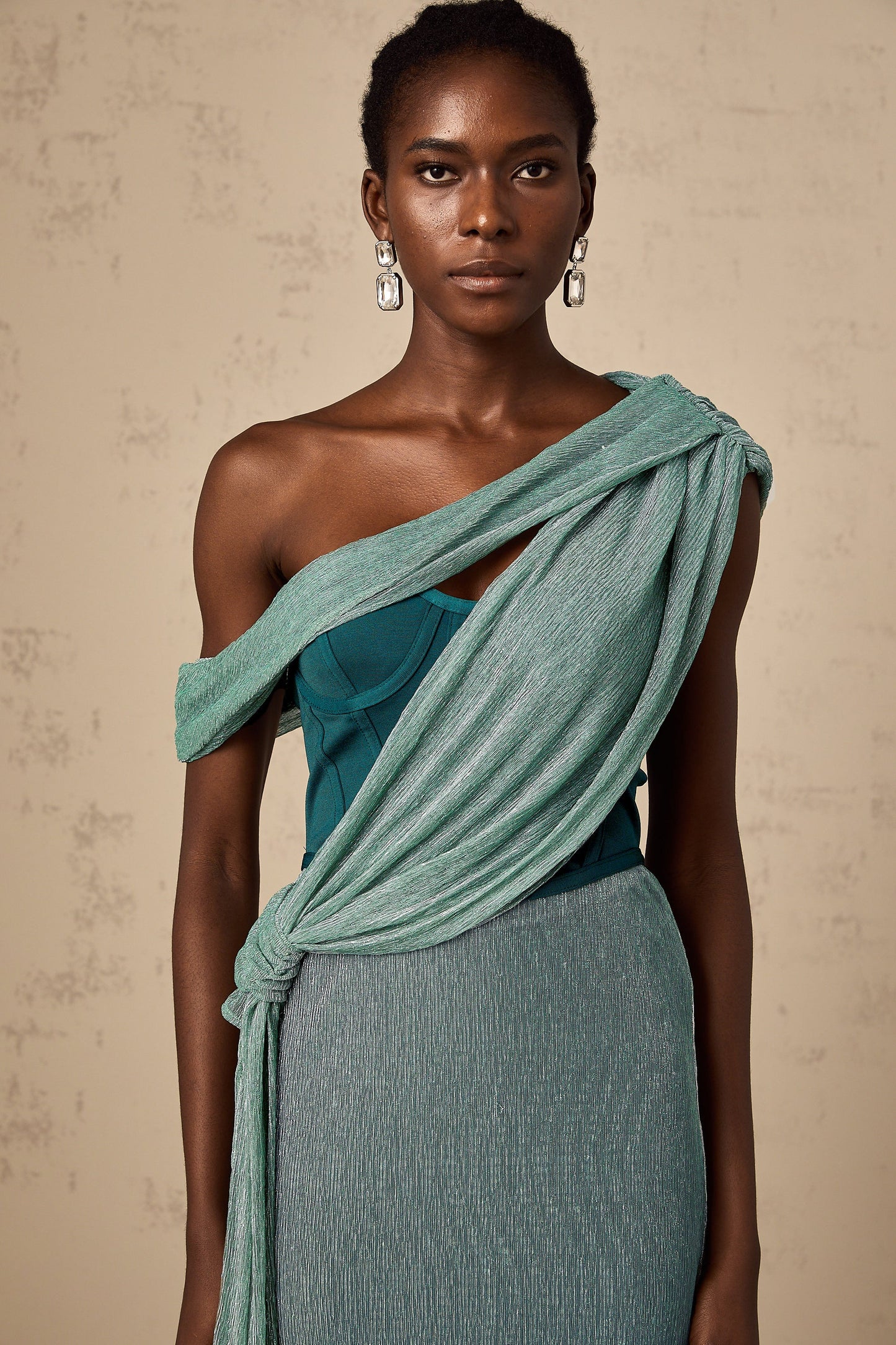 Delphine green ribbon-design corset maxi dress
