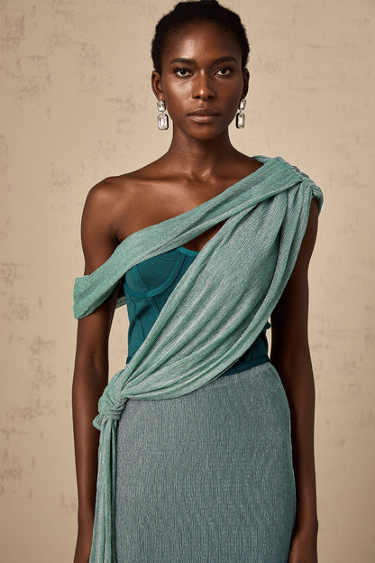 Delphine green ribbon-design corset maxi dress