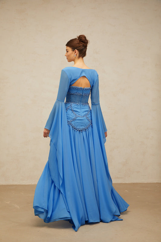 Gaëlle blue faux-pearl-embellished pleated maxi dress