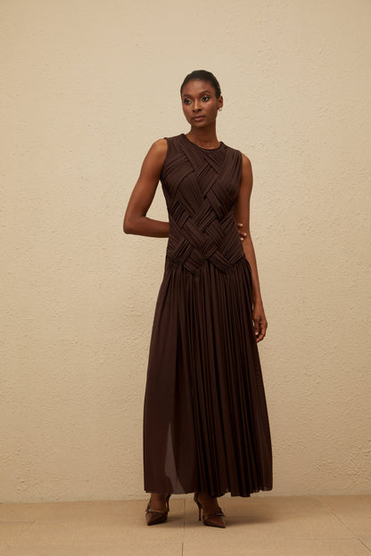 Daphné Brown Asymmetrical Braided Tulle Midi Dress