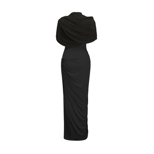 Catherine Black Asymmetrical Pleated Maxi Dress