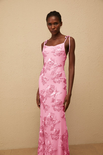 Énigme Pink Jacquard Floral Maxi Dress