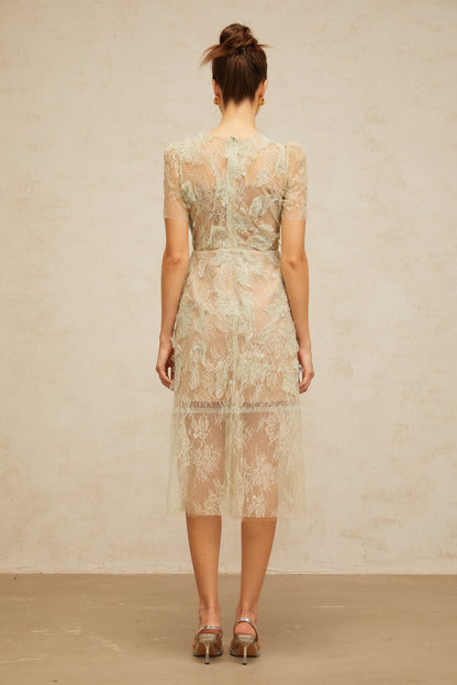 Xaviera mint-green floral-lace midi dress