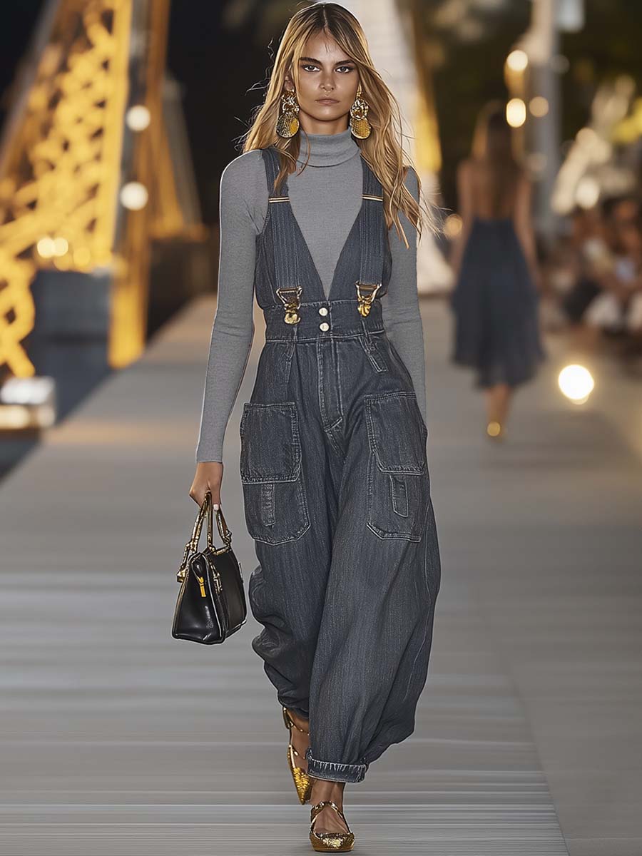 【24-hour shipping out】Fashion Personality Loose V-neck Suspender Denim Jumpsuit