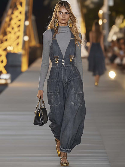 【24-hour shipping out】Fashion Personality Loose V-neck Suspender Denim Jumpsuit