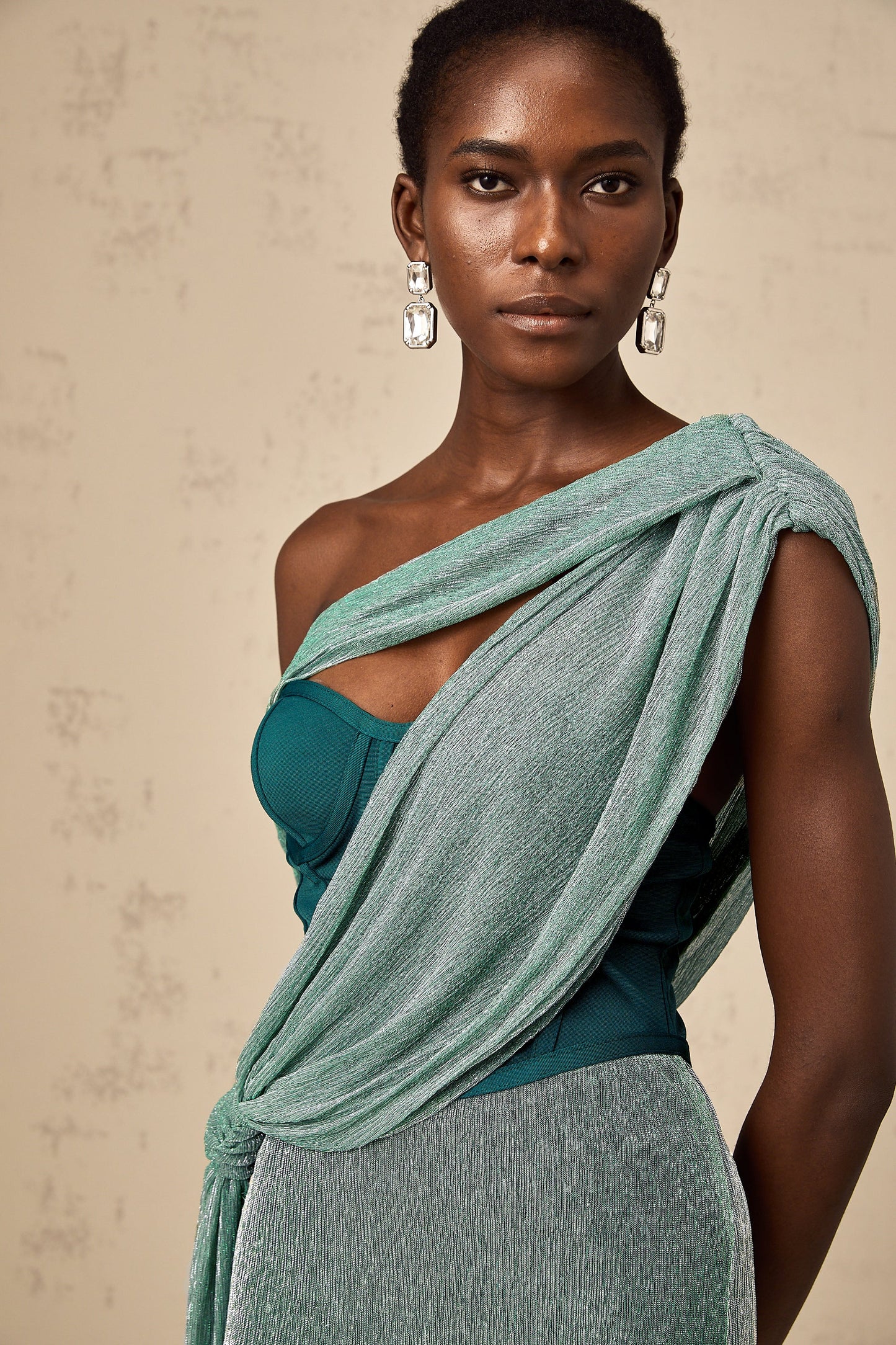 Delphine green ribbon-design corset maxi dress