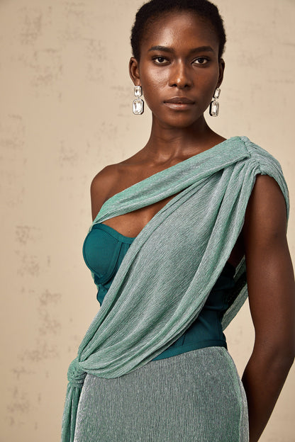 Delphine green ribbon-design corset maxi dress