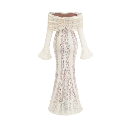 Émeline floral lace flared-cuff maxi dress in Neutrals