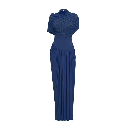 Catherine asymmetrical pleated maxi dress in Navy-blue