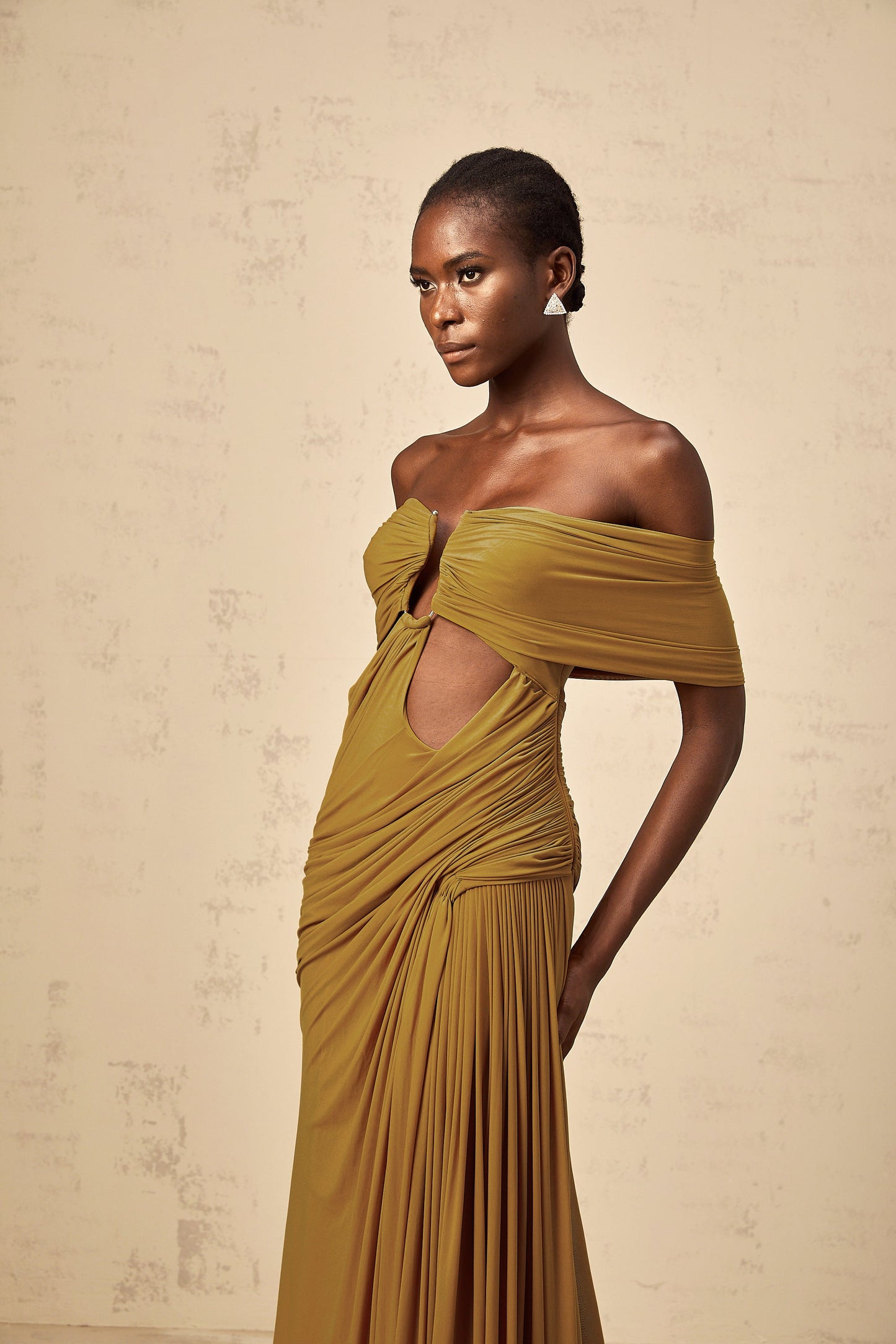 Ludivine ocher off-shoulder cut-out ruched maxi dress