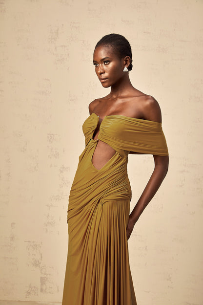 Ludivine ocher off-shoulder cut-out ruched maxi dress