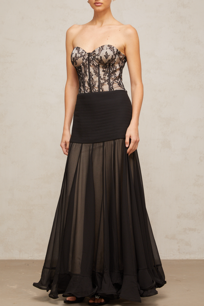 Pétunia black lace flounce maxi dress