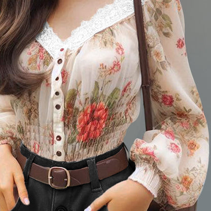Elegant V Neck Floral Pattern Lantern Sleeve Button Blouse