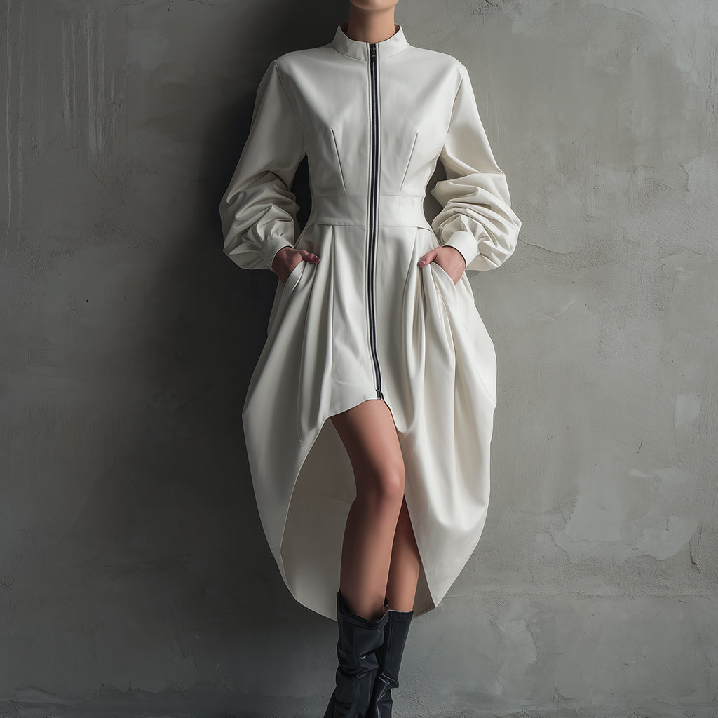 Ursime PU Lantern Sleeve Pockets Zipper High-Low Hem Midi Dress