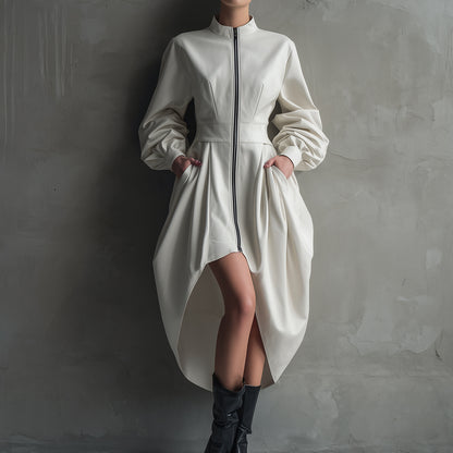 Ursime PU Lantern Sleeve Pockets Zipper High-Low Hem Midi Dress