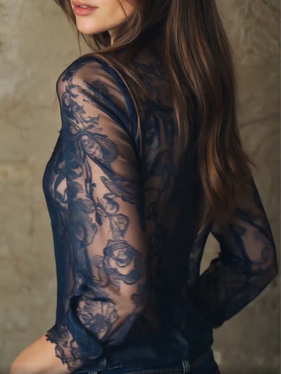 Romantic Paisley Print Lace Trim Sheer Shirt
