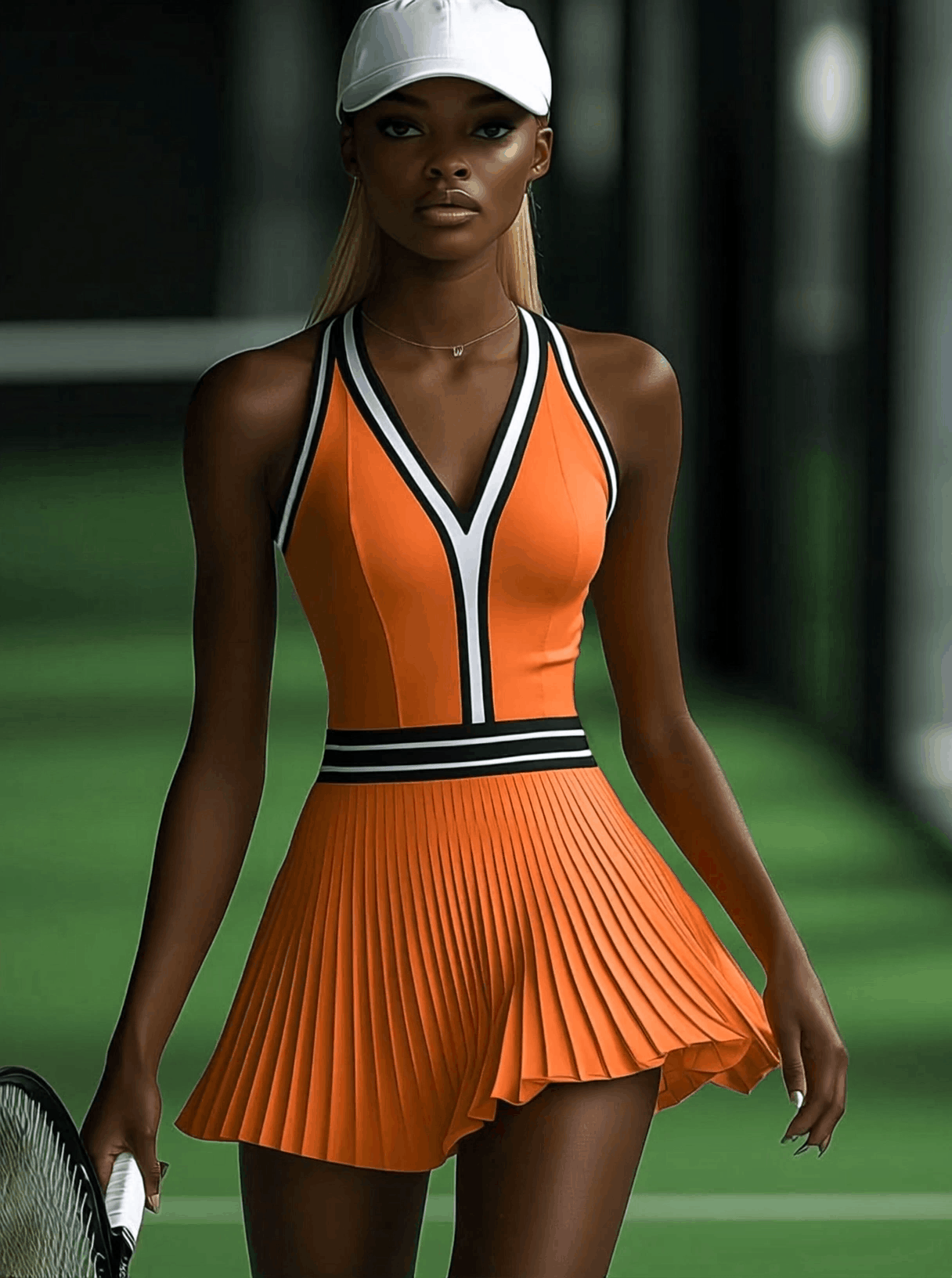 【24-hour shipping out】Fashionable Sports Black And White Trim Orange Sleeveless Pleated Mini Dress