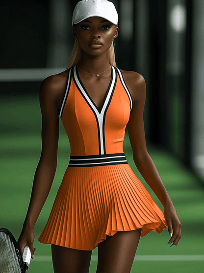 【24-hour shipping out】Fashionable Sports Black And White Trim Orange Sleeveless Pleated Mini Dress